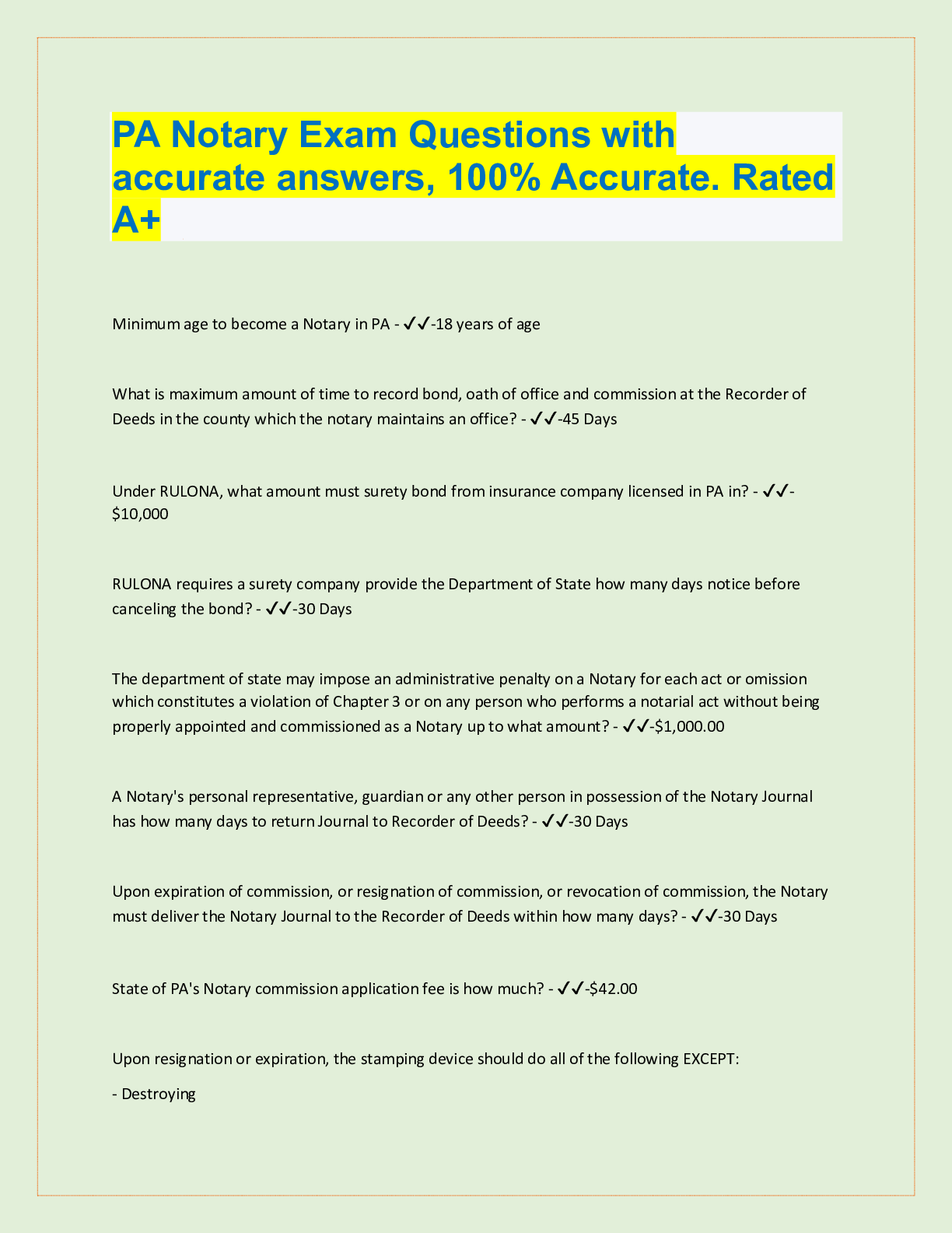 Preview image for PA Notary Exam Questions with  accurate answers, 100% Accurate. Rated  A+